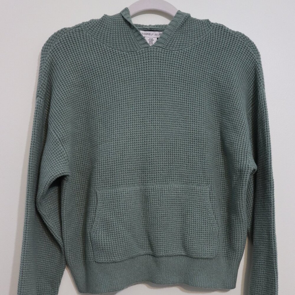 Sincerely Jules Waffle Knit Hooded Sweater Sage Green Size M